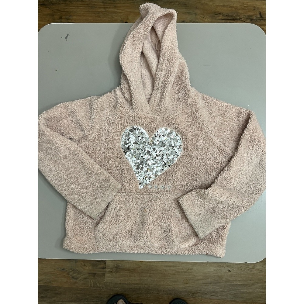 DKNY Hoodie Sequin Heart Sherpa Pink Girls 6